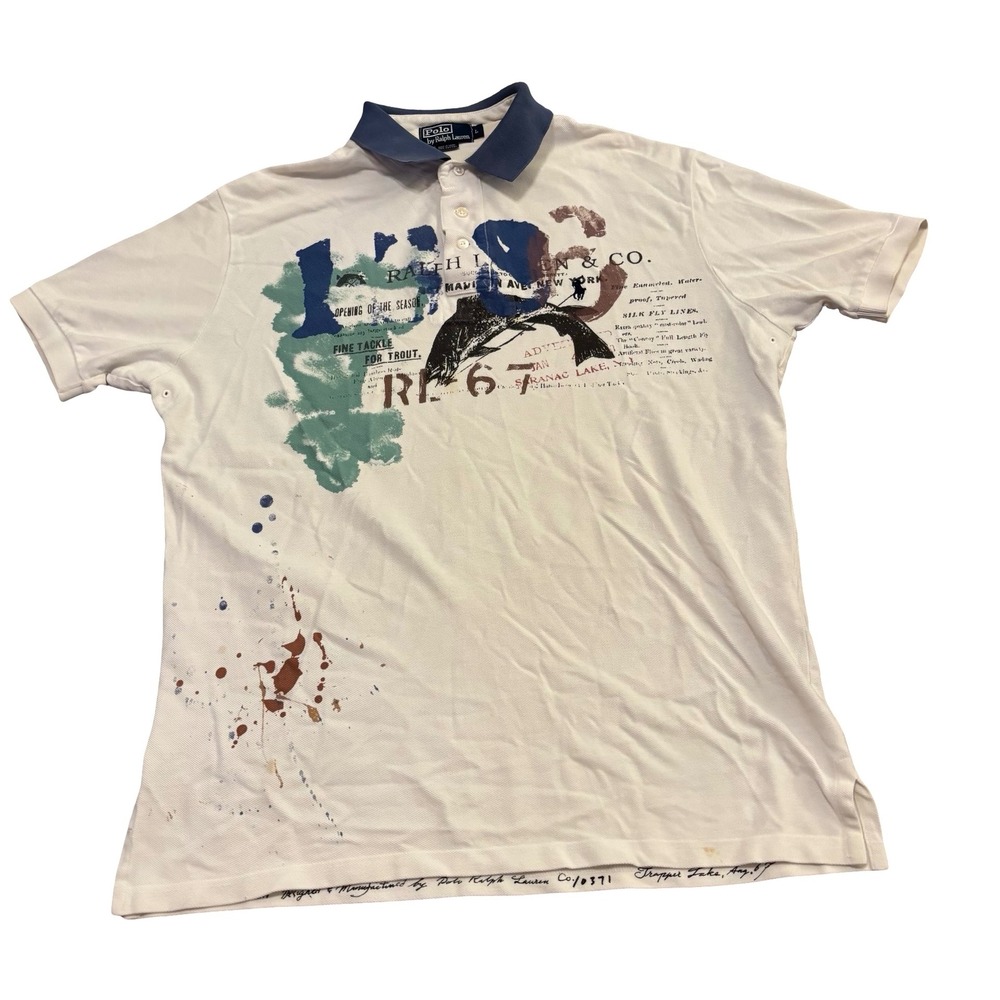 Polo Ralph Lauren Mens White Fishing Graphic Paint Splatter Polo Shirt Large